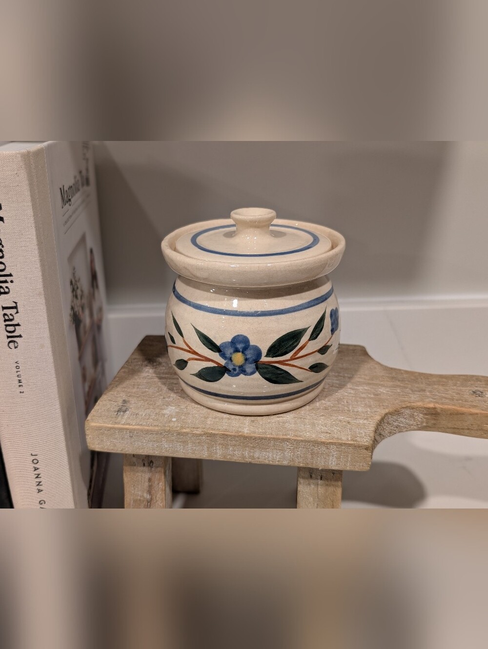 Vintage Handpainted Small Ceramic Stoneware Lidded Sugar Jar (1980s-1990s)